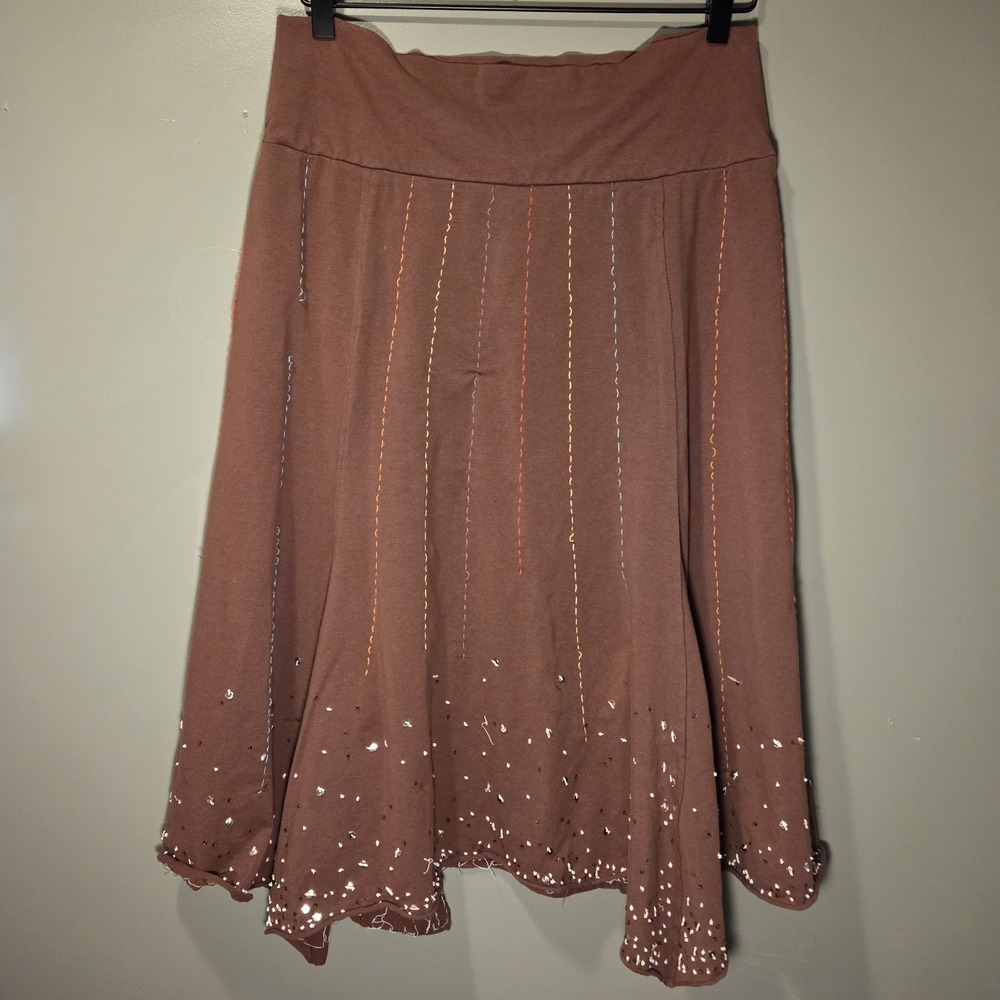 A Common Thread Embroidered Sequins Knit Skirt Boho Fairy, Women's Size L, Brown